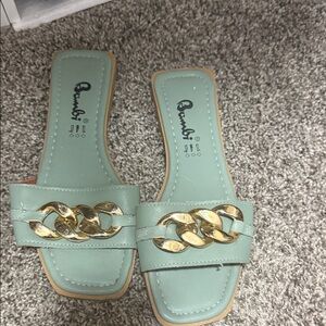 Mint Green Slide Sandals with Gold Chain